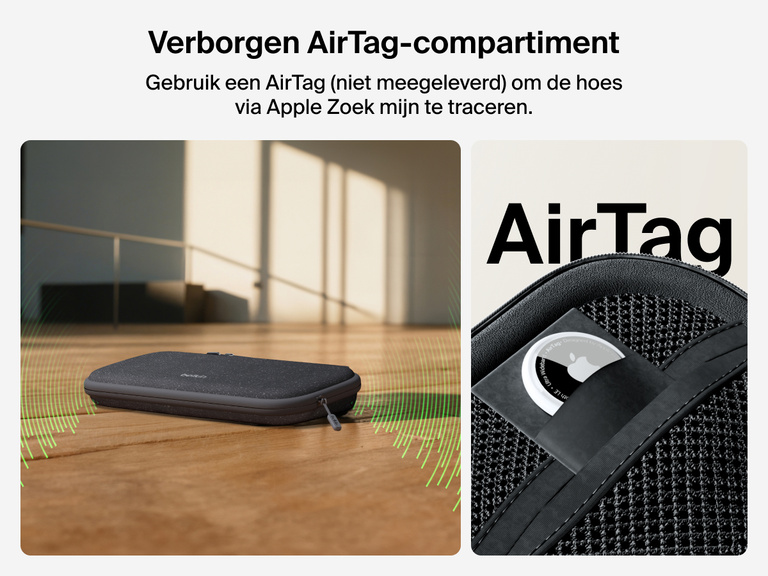 Belkin Gaming opberghoes voor de Nintendo Switch 2 afgebeeld met een verborgen AirTag-compartiment wat het bij gebruik van een AirTag (niet meegeleverd) makkelijk maakt om je hoes te traceren met Apple Zoek mijn.