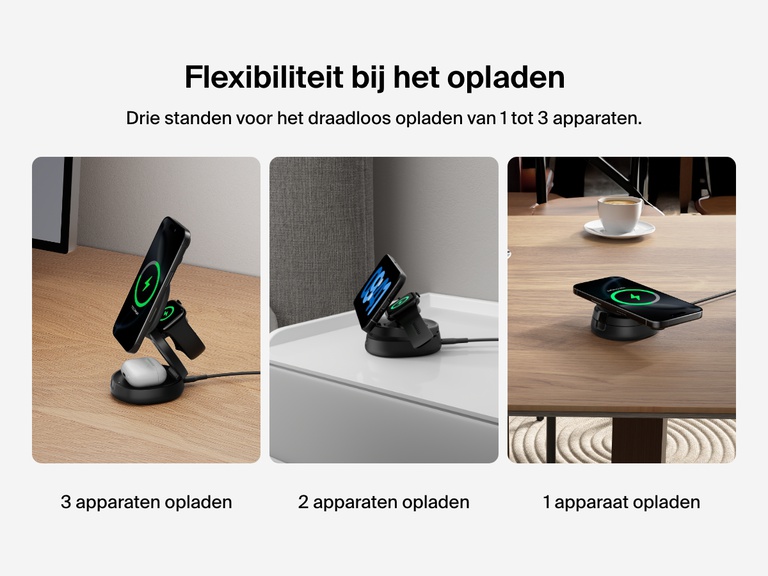 Een Belkin BoostCharge 3-in-1 compacte magnetische laadstandaard wordt op drie manieren afgebeeld om de drie standen te illustreren voor flexibiliteit bij het draadloos opladen van 1, 2 of 3 apparaten.