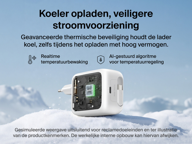 Belkin UltraCharge 67 W GaN-wandlader met ge&iuml;ntegreerde uittrekbare USB-C-kabel, geavanceerd thermisch beheer, realtime temperatuurbewaking en AI-gestuurde koeling voor veiliger snelladen.