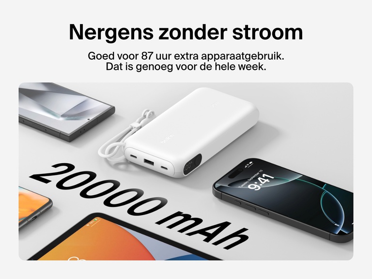 De afbeelding laat zien dat de Belkin BoostCharge 20.000mAh-powerbank met display tot wel 87 uur extra batterijduur biedt met een compacte vormgeving en afneembare kabel om apparaten onderweg van stroom te voorzien.