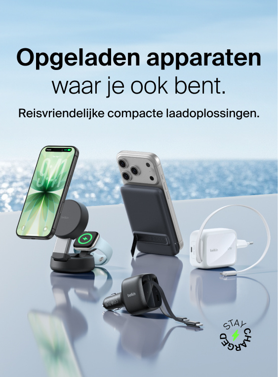 Opgeladen apparaten waar je ook bent. Belkins collectie reisvriendelijke laadoplossingen: autolader, 3-in-1 MagSafe-laadstandaard, magnetische powerbank, compacte wandlader.