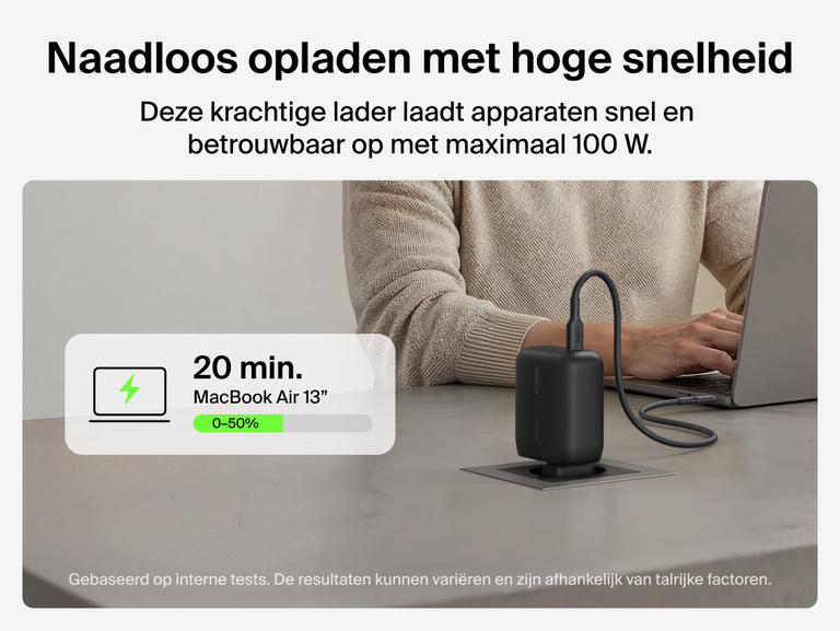 Belkin UltraCharge 45 W GaN-wandlader met ge&iuml;ntegreerde uittrekbare USB-C-kabel van 70 cm, een USB-C-poort, een compacte reisvriendelijke vormgeving, beveiliging tegen oververhitting en die apparaten snel oplaadt.
