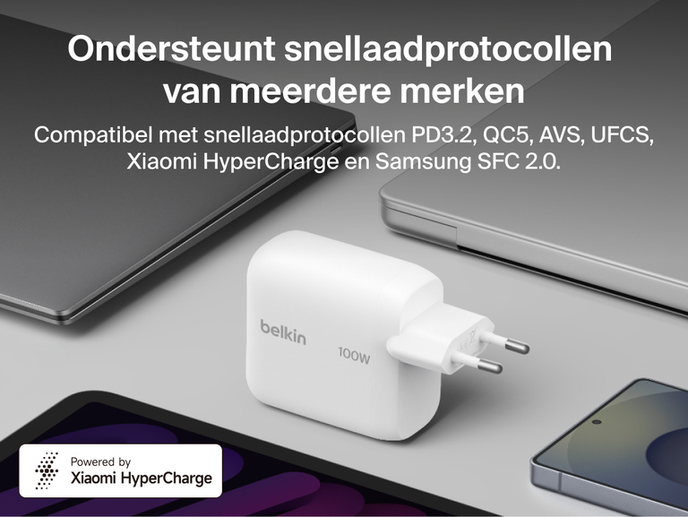 Belkin UltraCharge 45 W GaN-wandlader met uittrekbare kabel die 45 W levert en een smartphone snel van 0-50% oplaadt met de ge&iuml;ntegreerde USB-C-kabel.