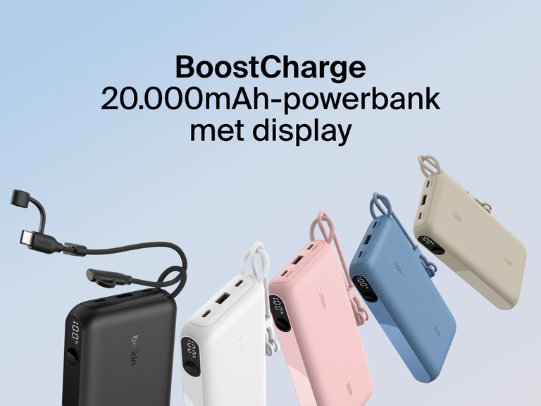 Afbeelding van de Belkin BoostCharge 20.000mAh-powerbank met display in de kleuren zwart, wit, roze, blauw en beige, met vermelding van zijn twee poorten, geïntegreerde USB-C-kabel en LED-display met batterijniveau.