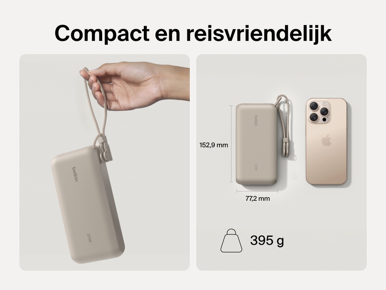 De Belkin BoostCharge 20.000mAh-powerbank met display is afgebeeld in een hand en naast een smartphone, om de compacte, reisvriendelijke vormgeving met afmetingen van 152,9 x 77,2 mm en een gewicht van slechts 395 g te benadrukken.