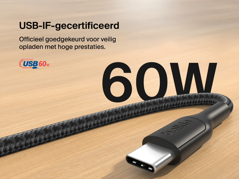 De Belkin Gaming 60 W USB-C/USB-C-kabel is USB-IF-gecertificeerd om de Nintendo Switch 2 en andere USB-C veilig op te laden met hoge prestaties.
