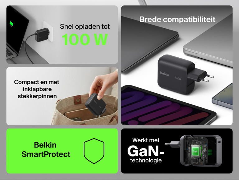Belkin UltraCharge 45 W GaN-wandlader met ge&iuml;ntegreerde uittrekbare USB-C-kabel van 70 cm, een USB-C-poort, een compacte reisvriendelijke vormgeving, beveiliging tegen oververhitting en die apparaten snel oplaadt.