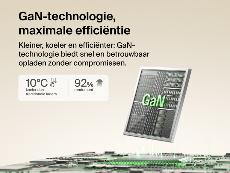Belkin UltraCharge 67 W GaN-wandlader met uittrekbare kabel, met GaN-technologie voor effici&euml;nt snel opladen met verbeterde energieomzetting en verminderde warmteontwikkeling.