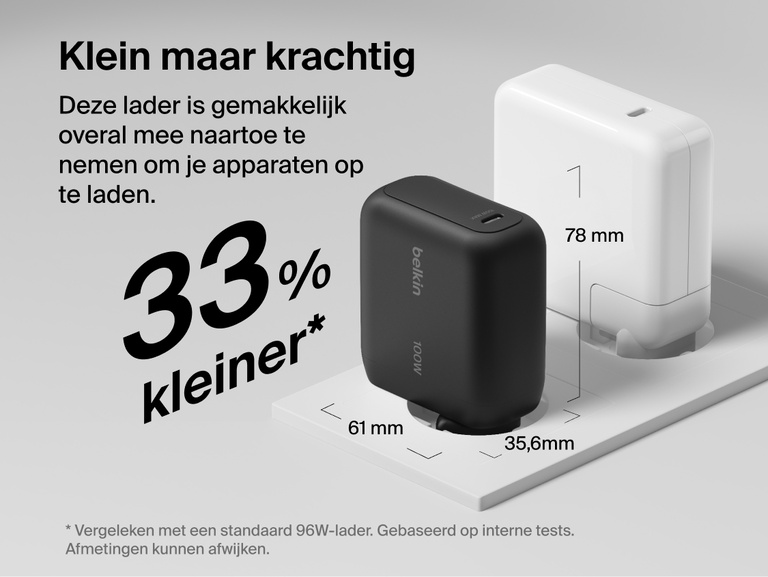 Belkin UltraCharge 45 W GaN-wandlader met uittrekbare kabel, met een compacte vormgeving, inklapbare stekkerpinnen, zakformaat en gering gewicht van slechts 145 gram.