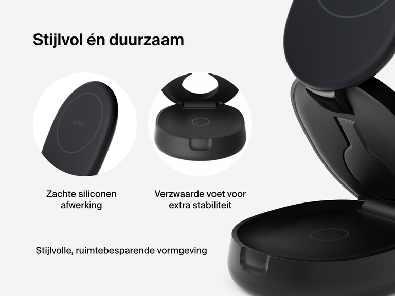 Afbeelding van een BoostCharge 3-in-1 compacte magnetische laadstandaard met een zacht siliconen oppervlak, een verzwaarde voet voor stabiliteit en een stijlvolle, ruimtebesparende opvouwbare vormgeving.