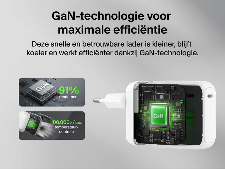 Belkin UltraCharge 45 W GaN-wandlader met ge&iuml;ntegreerde uittrekbare USB-C-kabel van 70 cm, een USB-C-poort, een compacte reisvriendelijke vormgeving, beveiliging tegen oververhitting en die apparaten snel oplaadt.