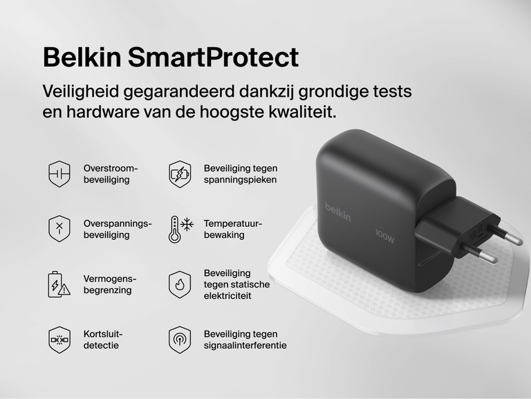 Belkin UltraCharge 45 W GaN-wandlader met uittrekbare kabel van 70 cm die niet in de knoop raakt, voor flexibiliteit bij de stroomvoorziening: van apparaten in huis en op reis.