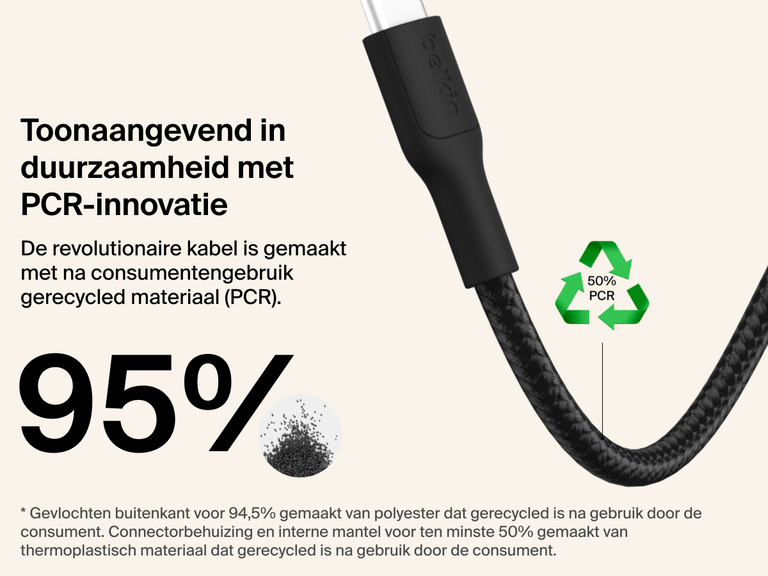 De Belkin Gaming 60 W USB-C/USB-C-kabel voor Nintendo Switch 2 is duurzaam gemaakt met tot wel 95% na consumentengebruik gerecyclede materialen, waaronder gevlochten polyester en thermoplastische onderdelen.