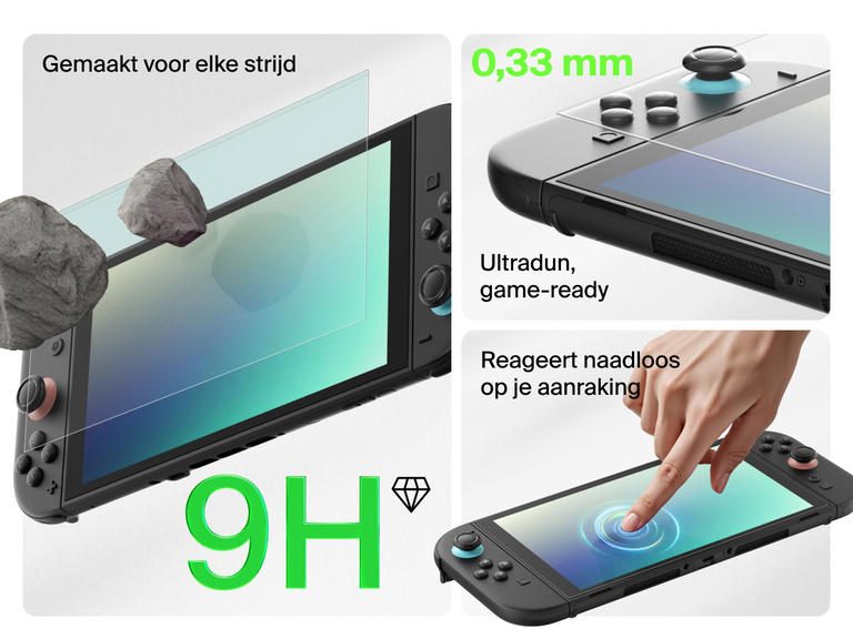 Een afbeelding waarin pluspunten van een screenprotector voor de Nintendo Switch 2 te zien zijn. Links benadrukt een grote groene "9H" de hoge hardheid, met stenen die het scherm raken om de slijtvastheid weer te geven. In de rechterbovenhoek is een ultradun ontwerp van 0,33 mm te zien met het label "Game-ready". Rechtsonder is de uitstekende aanraakgevoeligheid te zien, waarbij een vinger soepel over het scherm beweegt. Alle afbeeldingen benadrukken hoe sterk, dun en aanraakgevoelig de screenprotector is.