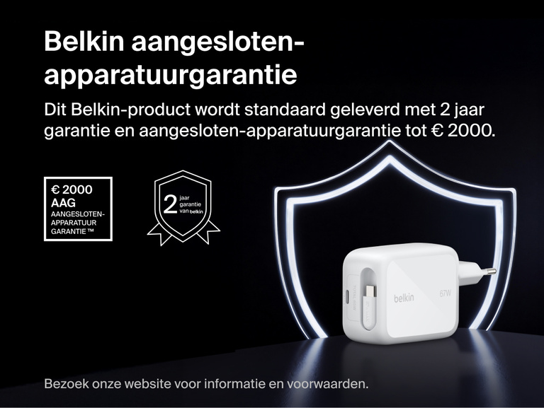 Belkin UltraCharge 67 W GaN-wandlader met ge&iuml;ntegreerde uittrekbare USB-C-kabel en twee jaar beperkte garantie en aangesloten-apparatuurgarantie.
