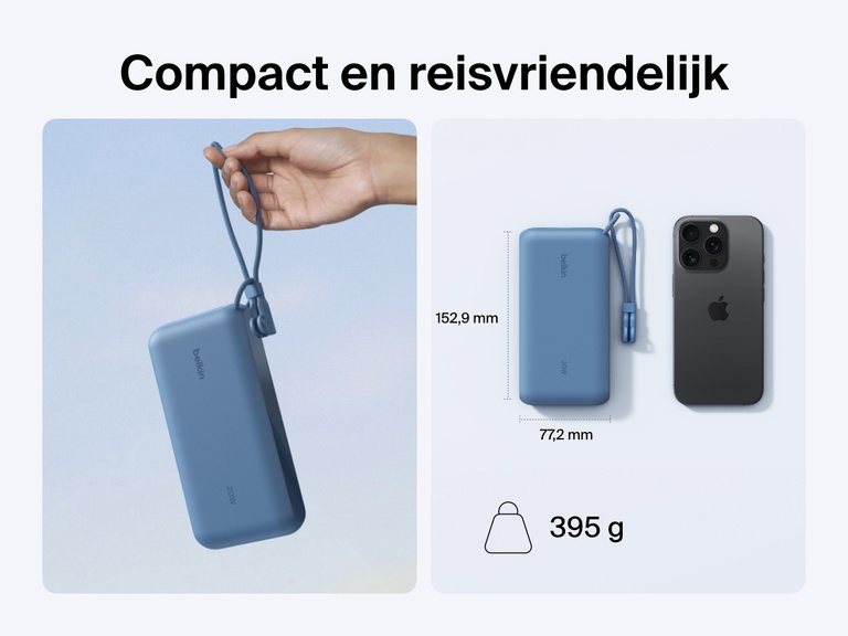 De Belkin BoostCharge 20.000mAh-powerbank met display is afgebeeld in een hand en naast een smartphone, om de compacte, reisvriendelijke vormgeving met afmetingen van 152,9 x 77,2 mm en een gewicht van slechts 395 g te benadrukken.