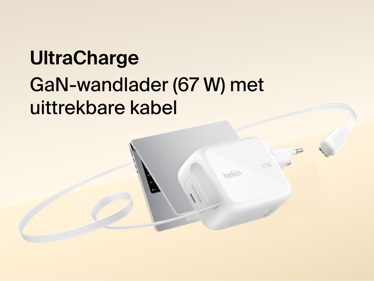 UltraCharge 67 W GaN-wandlader met ge&iuml;ntegreerde uittrekbare USB-C-kabel, een compacte snelladende voedingsadapter voor laptops, tablets en smartphones.