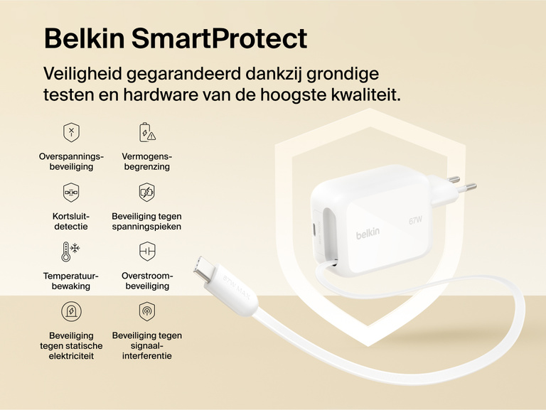 Belkin UltraCharge 67 W GaN-wandlader met ge&iuml;ntegreerde uittrekbare USB-C-kabel, uitgerust met SmartProtect-beveiligingssysteem tegen overstroom, piekspanning, oververhitting en kortsluiting.