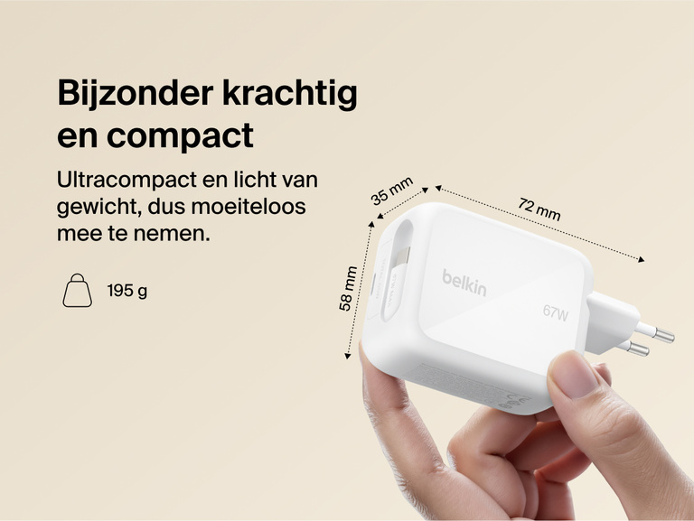 Belkin UltraCharge 67 W GaN-wandlader met uittrekbare kabel, een compacte snellader met ge&iuml;ntegreerde USB-C-kabel en van lichtgewicht zakformaat voor op reis en dagelijks opladen.