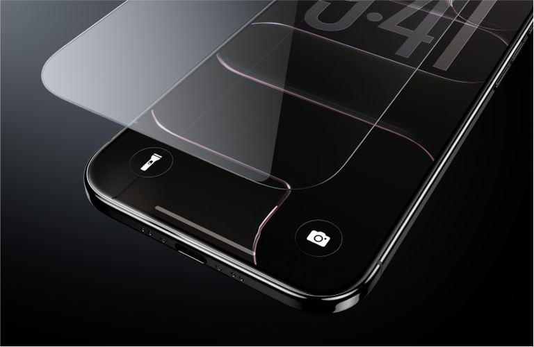 Close-up of a sleek, transparent screen protector with rounded edges, shown against a dark gradient background. Close-up of a sleek, transparent screen protector with rounded edges, shown against a dark gradient background.