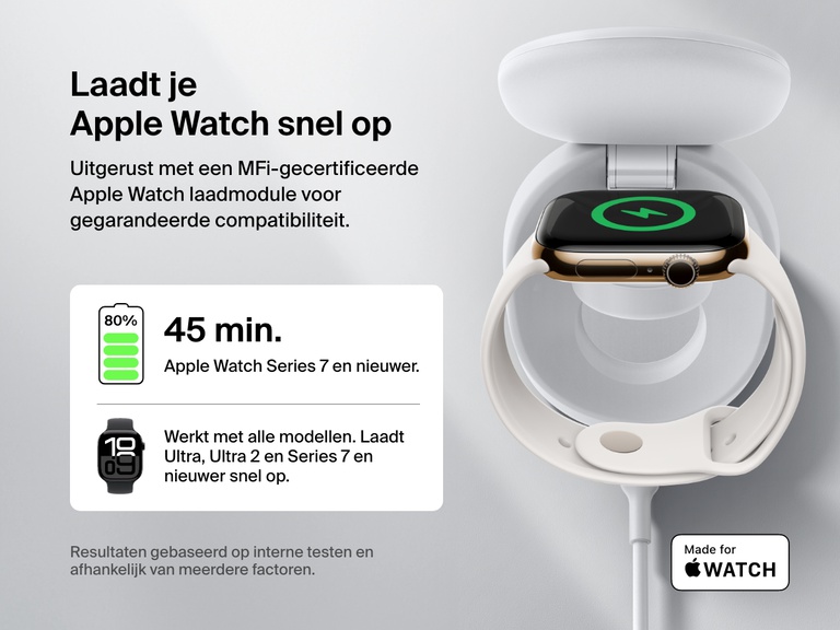 Afbeelding van een Belkin BoostCharge 3-in-1 compacte magnetische laadstandaard die een Apple Watch snel oplaadt en waarmee de MFi-gecertificeerde module, compatibiliteit met alle modellen en opladen van 0-80% in 45 minuten voor Series 7 en nieuwer wordt benadrukt.