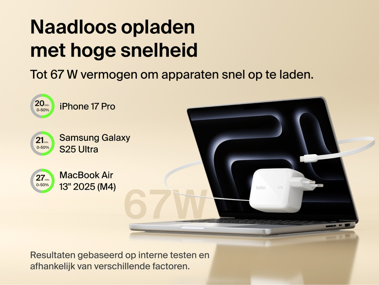 Belkin UltraCharge 67 W GaN-wandlader met ge&iuml;ntegreerde uittrekbare USB-C-kabel, voor het snel opladen van laptops evenals het high-speed opladen van iPhone-, Samsung Galaxy- en MacBook-apparaten.