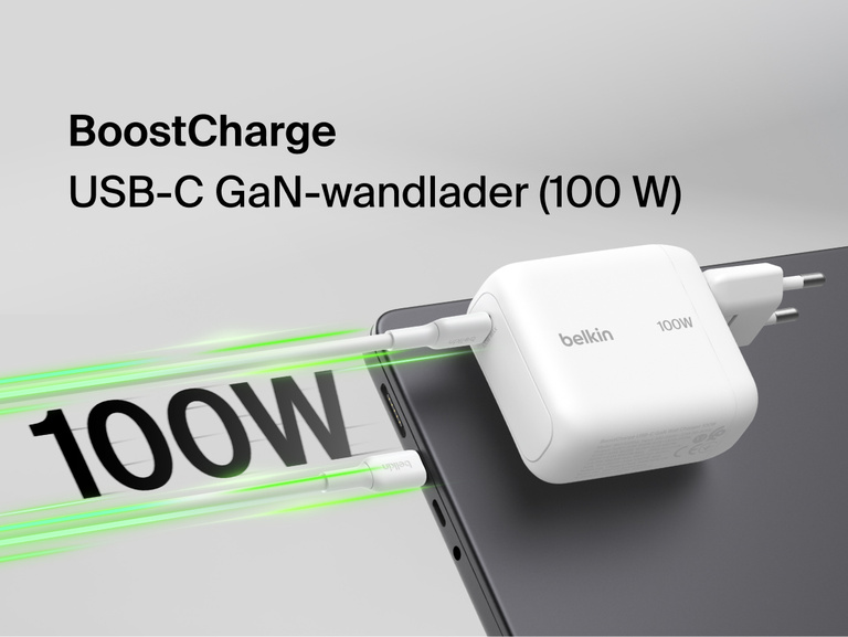 BoostCharge USB-C GaN Wall Charger 100W connected to a USB-C cable with 100W fast charging graphic for laptops, tablets, and smartphones