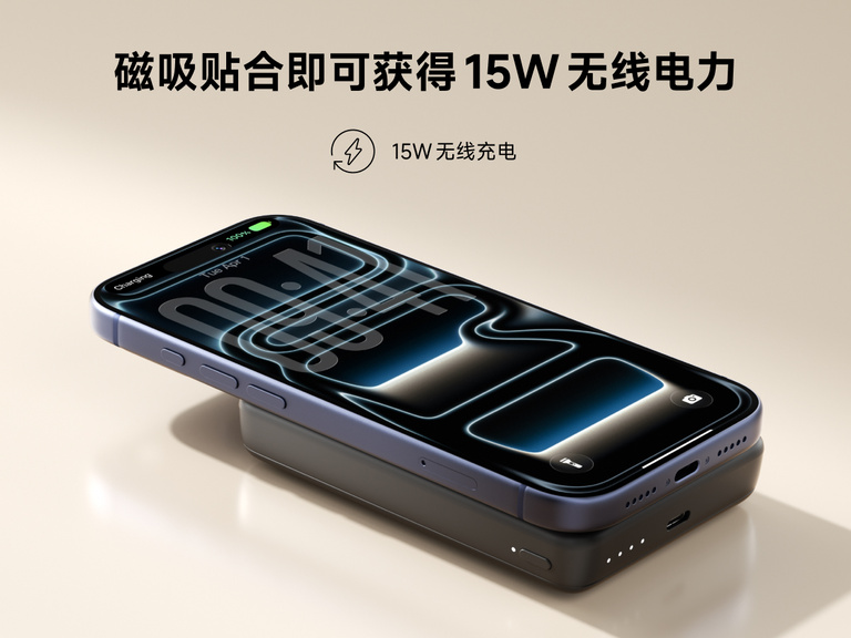 Slim Magnetic Power Bank 10K with Qi2 magnetically attached beneath smartphone demonstrating wireless charging connection