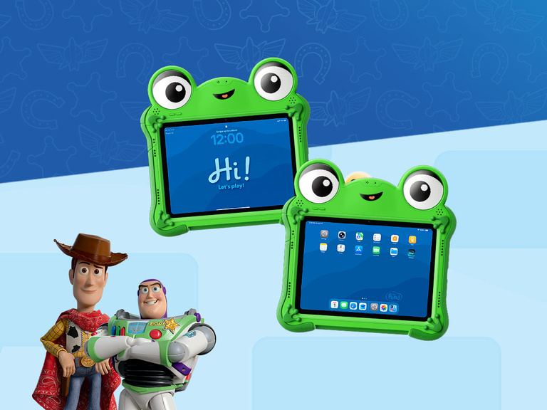 Disney Toy Story 5 Lilypad Case for iPad 10th and 11th Gen shown in use by a child holding tablet displaying &ldquo;Hi! Let&rsquo;s play!&rdquo; with callouts for downloadable digital wallpapers and home and lock screens