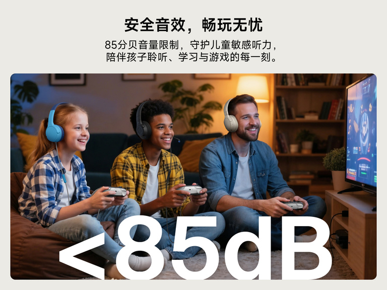 孩子们佩戴着适用于 Nintendo Switch 2 的贝尔金 Inspire 儿童有线游戏耳机，文字突出显示安全的 85 分贝音量限制，可保护稚嫩的听力。
