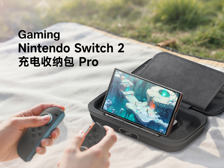 图中展示适用于 Nintendo Switch 2 的贝尔金游戏充电盒专业版通过内置充电功能在户外游戏期间为主机供电，还具备便于携带的安全防护设计。