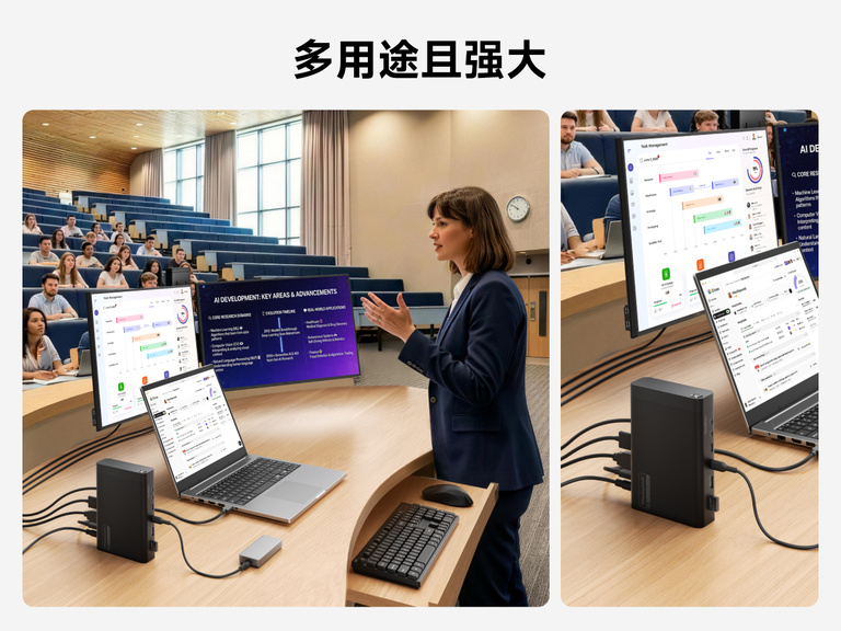 Universal 14-Port Dual Display USB-C Dock used in a presentation or office setup connecting displays and accessories