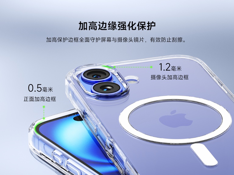 SheerForce&trade; 磁吸式 iPhone 保护壳的特写视图，突显其可以增强保护效果的凸起边缘。图像展示了 1.2 毫米的摄像头凸起边缘和 0.5 毫米的前凸起边缘，旨在保护屏幕和摄像头镜头免受刮擦和撞击。透明保护壳不仅外观时尚，还能提供可靠的保护。