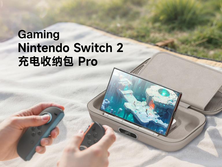 图中展示适用于 Nintendo Switch 2 的贝尔金游戏充电盒专业版通过内置充电功能在户外游戏期间为主机供电，还具备便于携带的安全防护设计。