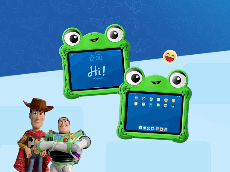 Disney Toy Story 5 Lilypad Case for iPad 10th and 11th Gen shown in use by a child holding tablet displaying &ldquo;Hi! Let&rsquo;s play!&rdquo; with callouts for downloadable digital wallpapers and home and lock screens