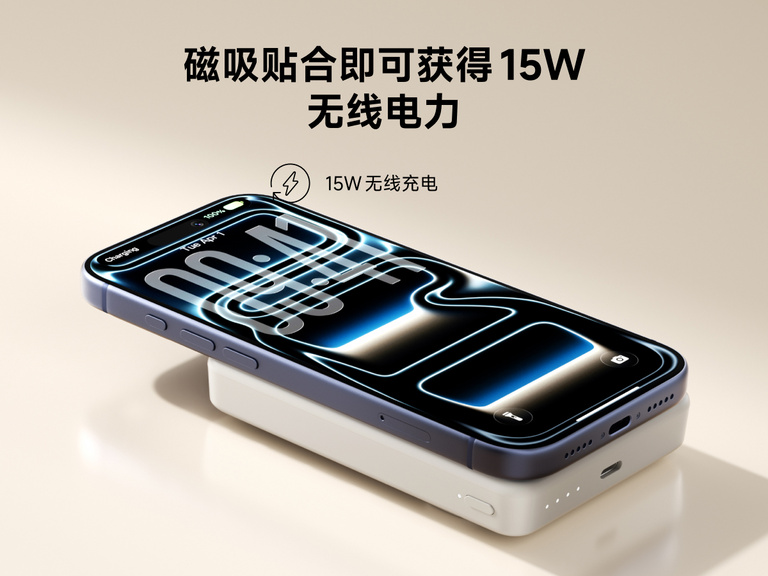 Slim Magnetic Power Bank 10K with Qi2 magnetically attached to smartphone demonstrating wireless charging capability