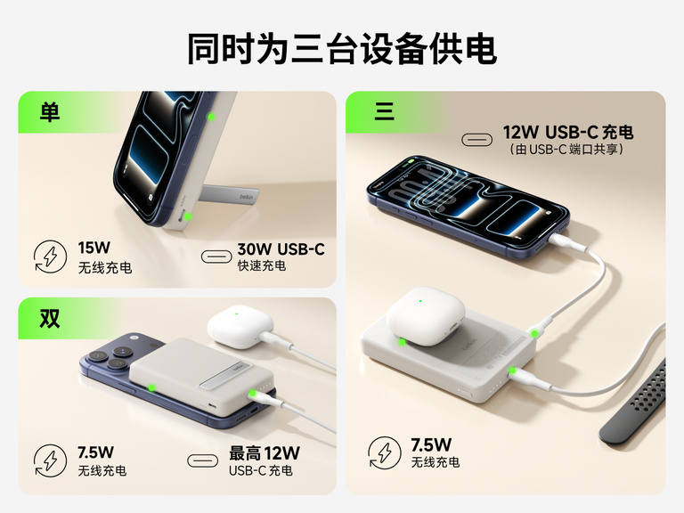 Slim Magnetic Power Bank 10K with Qi2 powering three devices including smartphone, earbuds, and smartwatch at once