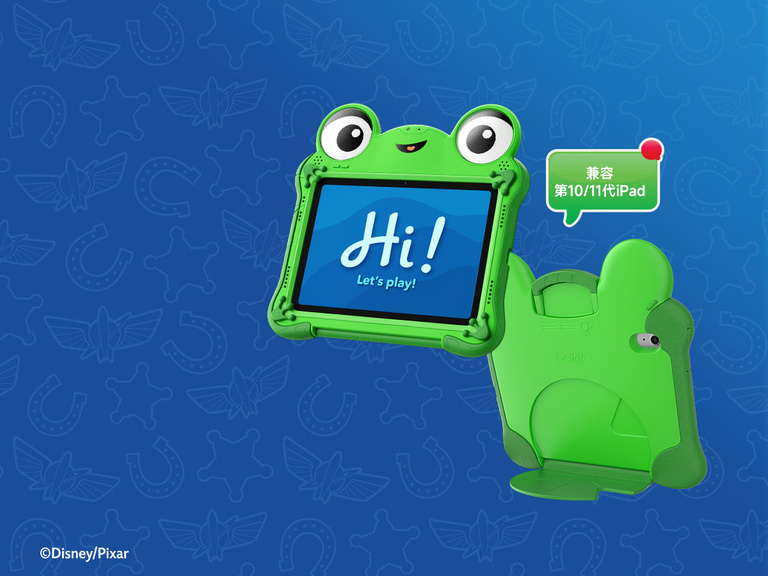 Disney Toy Story 5 Lilypad Case for iPad 10th and 11th Gen with frog-inspired design holding tablet displaying &ldquo;Hi! Let&rsquo;s play!&rdquo; and Toy Story 5 branding with kid-friendly design callout