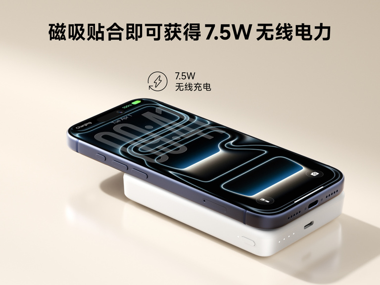 贝尔金 BoostCharge Slim 磁吸式移动电源 10K 通过磁力吸附在智能手机上，以纤薄便携的设计提供 7.5 瓦无线充电
