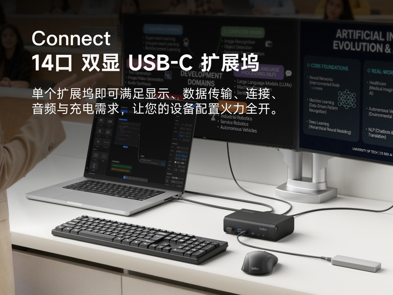 Universal 14-Port Dual Display USB-C Dock connected to laptop and dual monitors in a desk setup for multitasking