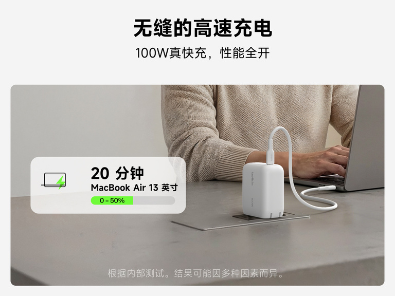 BoostCharge USB-C GaN 100 瓦 壁式充电器在桌面上为 MacBook Air 充电，图示突显其 100 瓦快充性能和快速补电能力