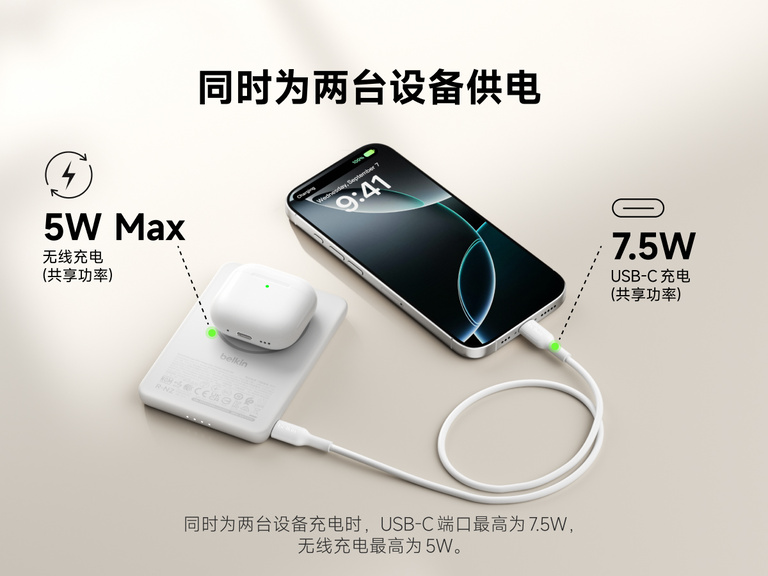 Belkin BoostCharge Slim Magnetic Power Bank 5K shown charging a smartphone and wireless earbuds simultaneously, demonstrating dual charging with 7.5W USB-C and 5W wireless shared power output.
