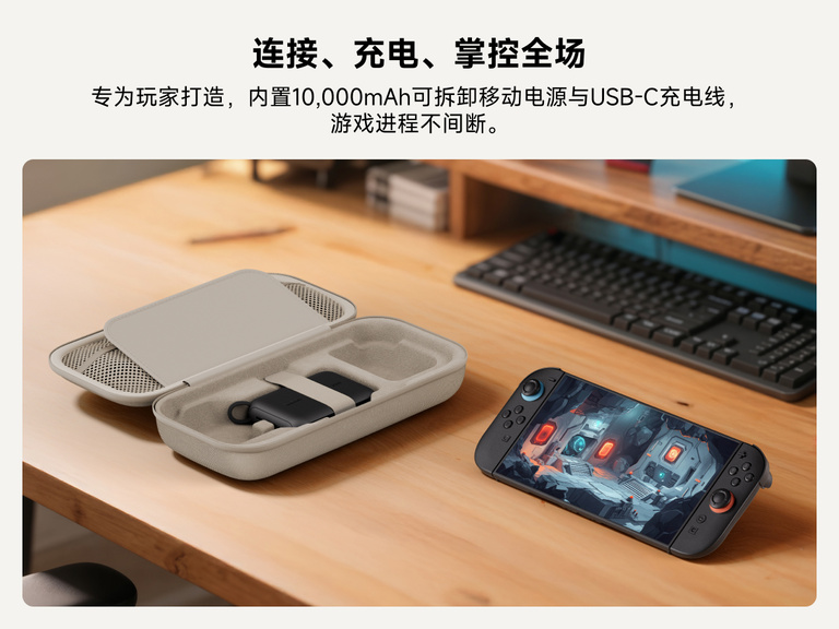 贝尔金 Nintendo Switch 2 游戏充电盒的打开展示图，其配备可拆卸 10,000 mAh 移动电源和 USB-C 线缆，旁边桌子上是正在使用的 Switch 2 游戏机。