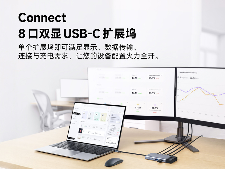 笔记本电脑连接两台外接显示器并显示数据分析仪表板，展示贝尔金 Connect 8 端口双显示屏 USB-C 扩展坞在显示扩展、数据传输和充电连接方面的强大功能。