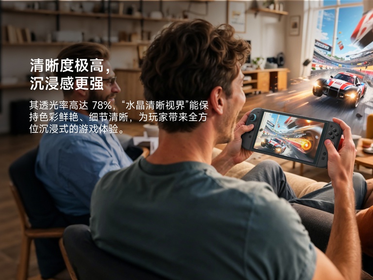 一名男子在光线温馨的客厅里用 Nintendo Switch 2 玩赛车游戏，身旁还坐着另一个人。游戏中的动作似乎冲出了屏幕，展现出身临其境的游戏体验。左侧的文字写着&ldquo;惊人的清晰度，更强的沉浸感&rdquo;，并指出贝尔金屏幕保护膜可实现高达 78% 的透光率，从而呈现鲜艳的色彩和清晰的细节，增强视觉体验。