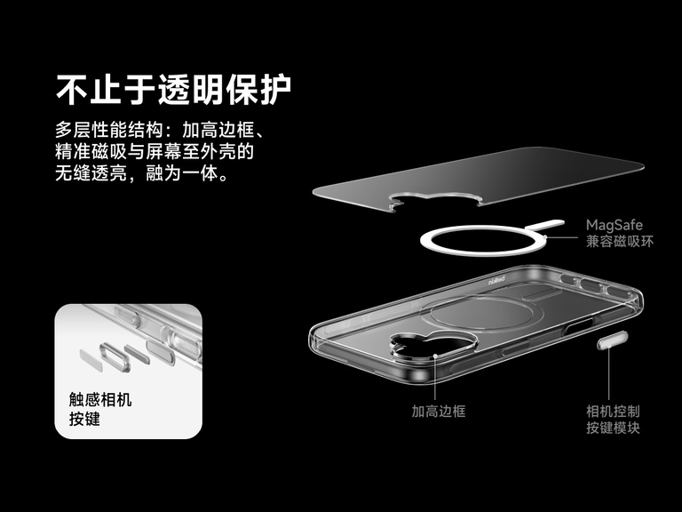 Belkin SheerForce Clear Series Case for iPhone 17 with raised edges, MagSafe-compatible ring, touch-sensitive camera button, and layered clear protection design.