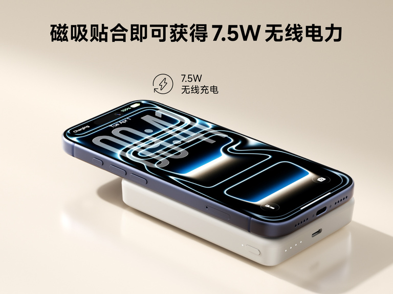 贝尔金 BoostCharge Slim 磁吸式移动电源 10K 通过磁力吸附在智能手机上，以纤薄便携的设计提供 7.5 瓦无线充电