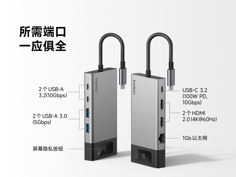 贝尔金 8 端口 USB-C 扩展坞端口示意图，突出展示各类端口，包括支持 100 瓦 Power Delivery 快充的 USB-C 3.2 端口、两个 USB-C 3.2 端口、两个 USB-A 3.0 端口、两个支持 4K@60Hz 的 HDMI 2.0 端口、一个 1Gb 以太网端口，以及显示器隐私按钮。