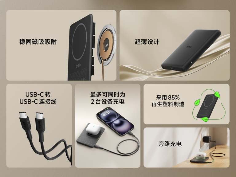 Belkin BoostCharge Slim Magnetic Power Bank 5K shown highlighting key features including secure magnetic ring, ultra-slim design, USB-C to USB-C cable, dual device charging, recycled materials, and pass-through charging capability.