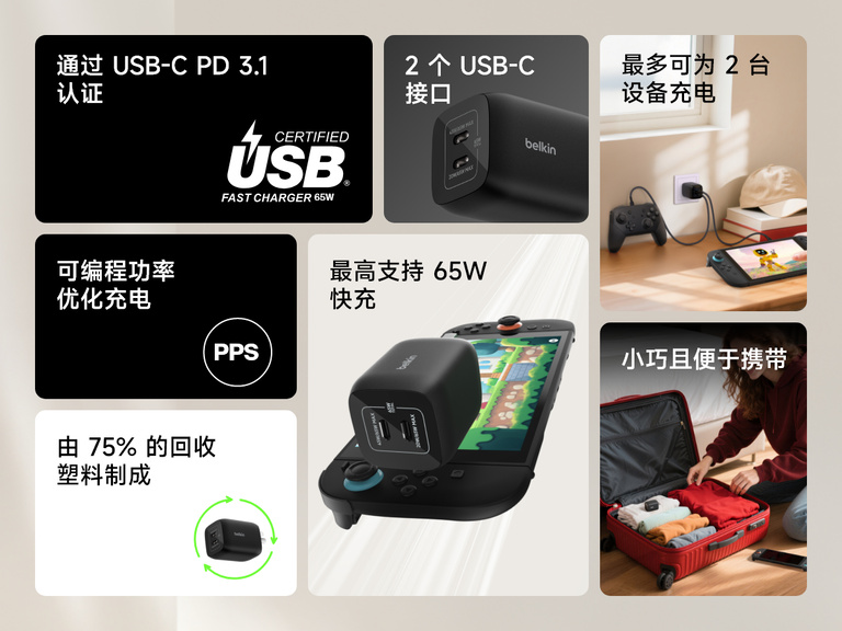 信息图突出显示贝尔金 65 瓦双 USB-C 壁式游戏充电器的特点，包括 USB-C PD 3.1 认证、PPS 快速充电、双设备支持以及与 Nintendo Switch 2 的兼容性。